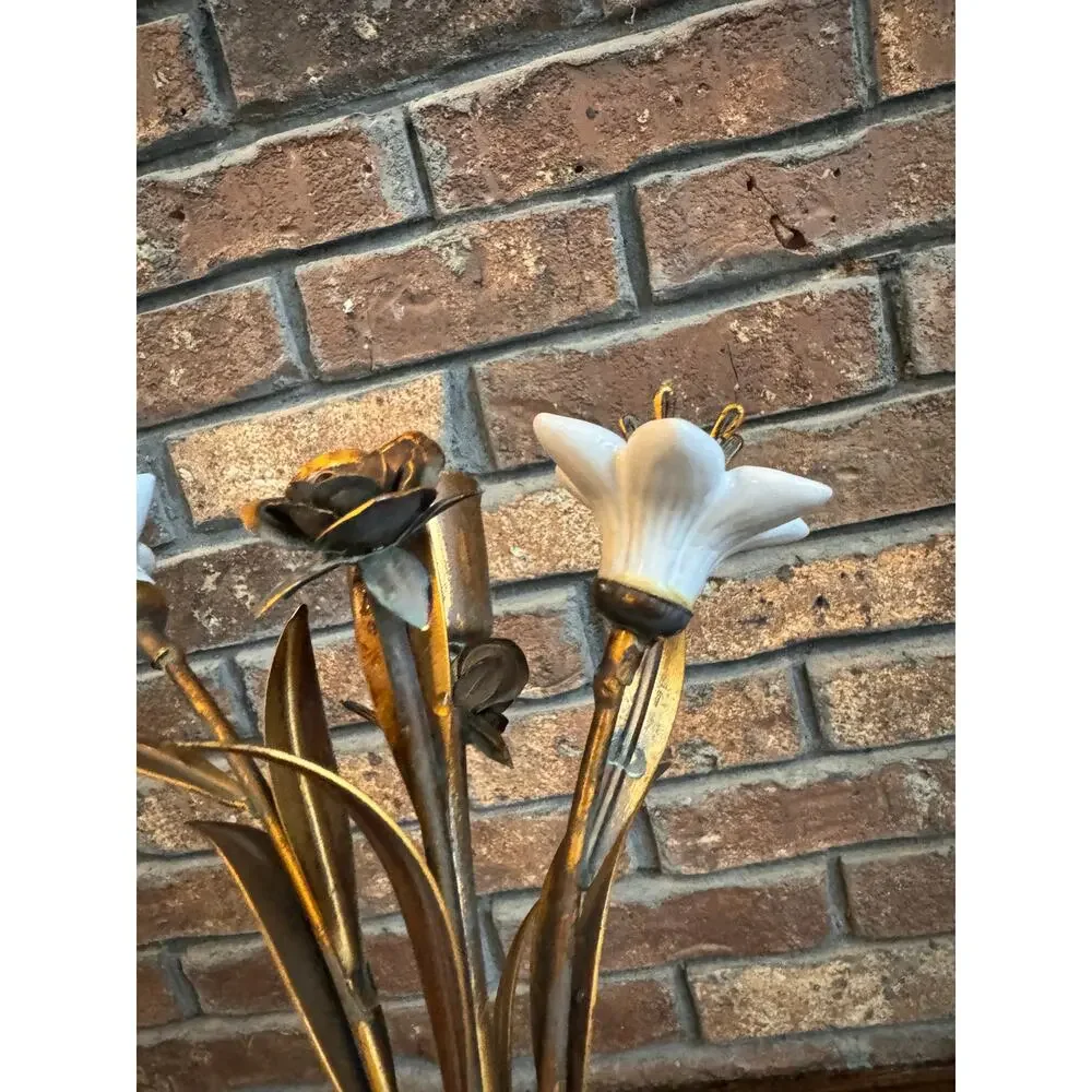 VINTAGE French Ceramic Lilies Bronze Tone Rose Hollywood Regency Candle Holder